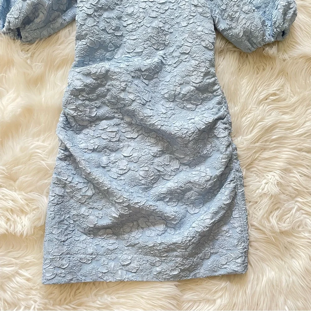 GANNI Sky Blue Jacquard Puff Sleeve Ruched Mini Dress NWT EU 34 US 2 XS - Picture 10 of 16